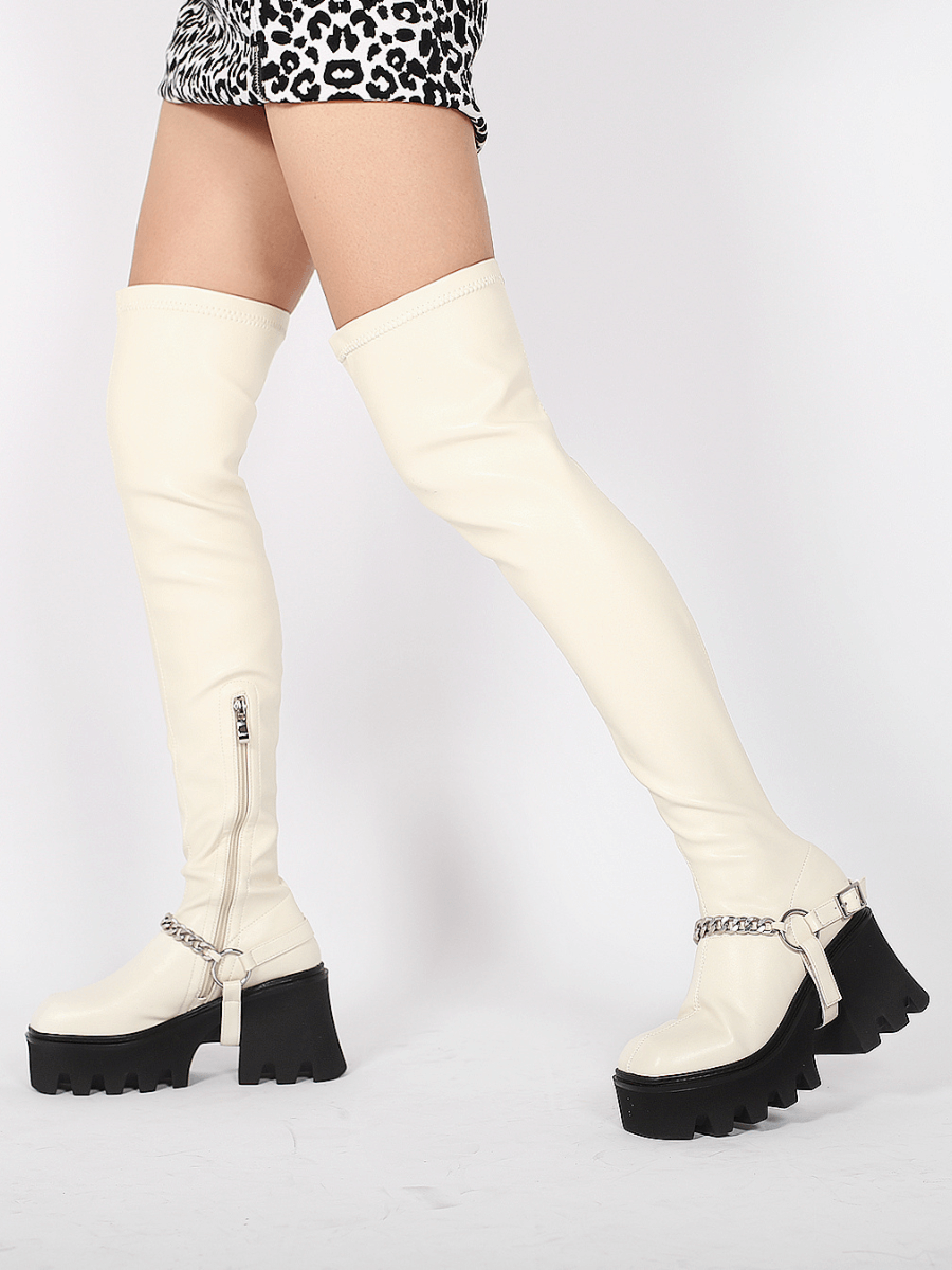 JADYROSE | CREAM LEATHER CHAIN STRAP OVER KNEE  BOOT