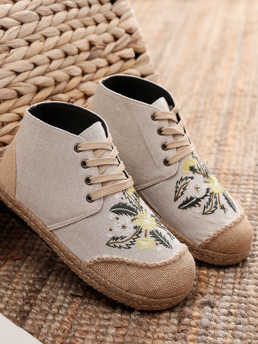 Cactus Rose | Embroidered Dandelion Round Toe Hi-Top Sneakers Espadrilles