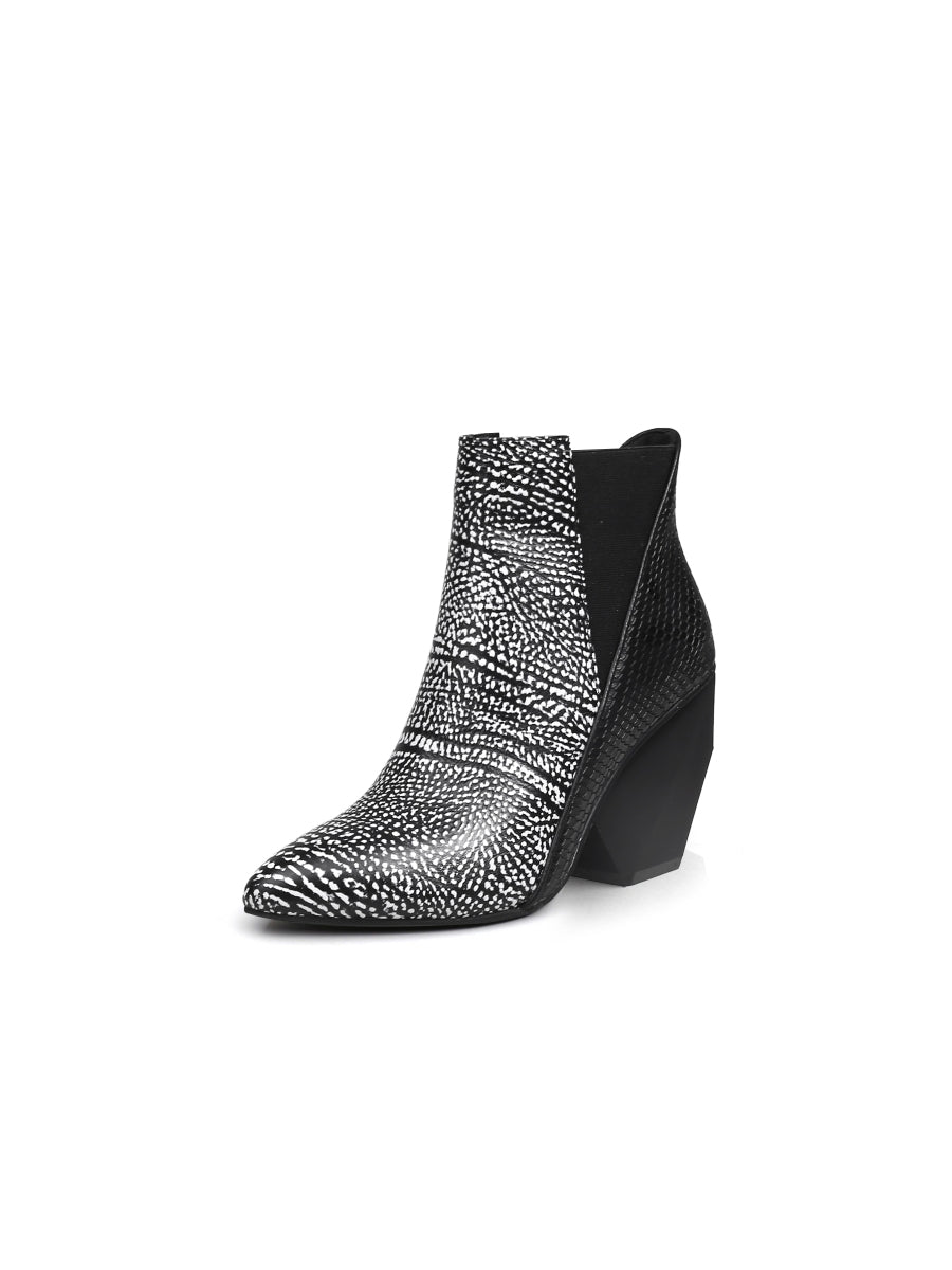 JadyRose | Black White Sketch Printed Geometry Heel Leather Mid Heel Ankle Boots