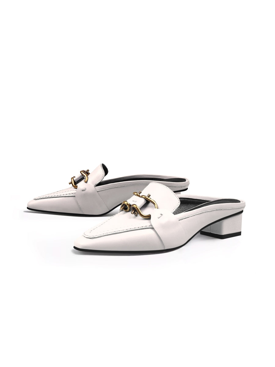 JadyRose | Genuine Leather Golden Lock Chain Mules Sandals - Cream