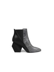 JadyRose | Black White Sketch Printed Geometry Heel Leather Mid Heel Ankle Boots