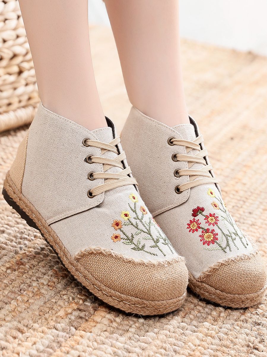 Cactus Rose | Embroidered Blossom Head Hi-Top Sneakers Espadrilles