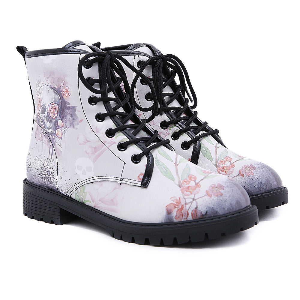 En Bloom | Skull-Floral Ankle Flat Combat Boots - White