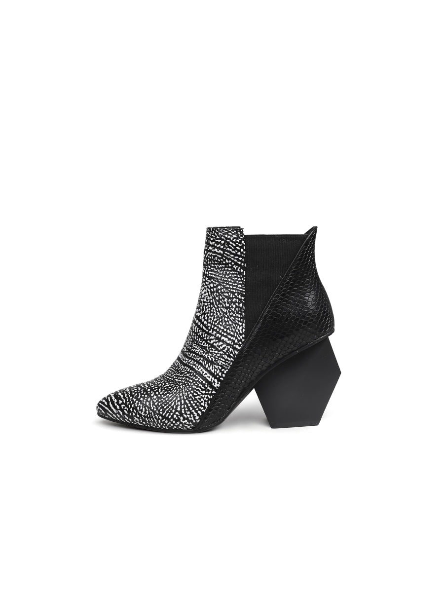 JadyRose | Black White Sketch Printed Geometry Heel Leather Mid Heel Ankle Boots