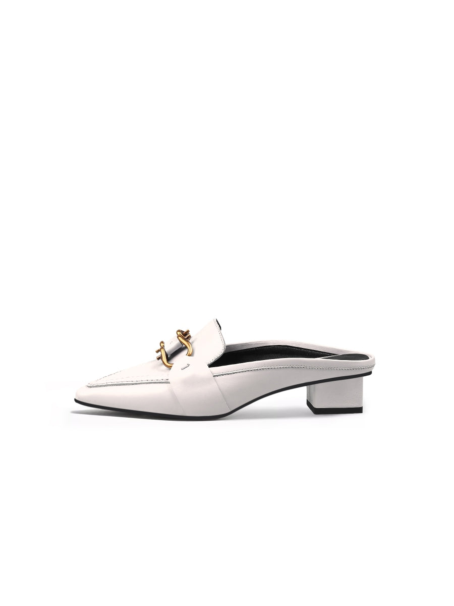 JadyRose | Genuine Leather Golden Lock Chain Mules Sandals - Cream