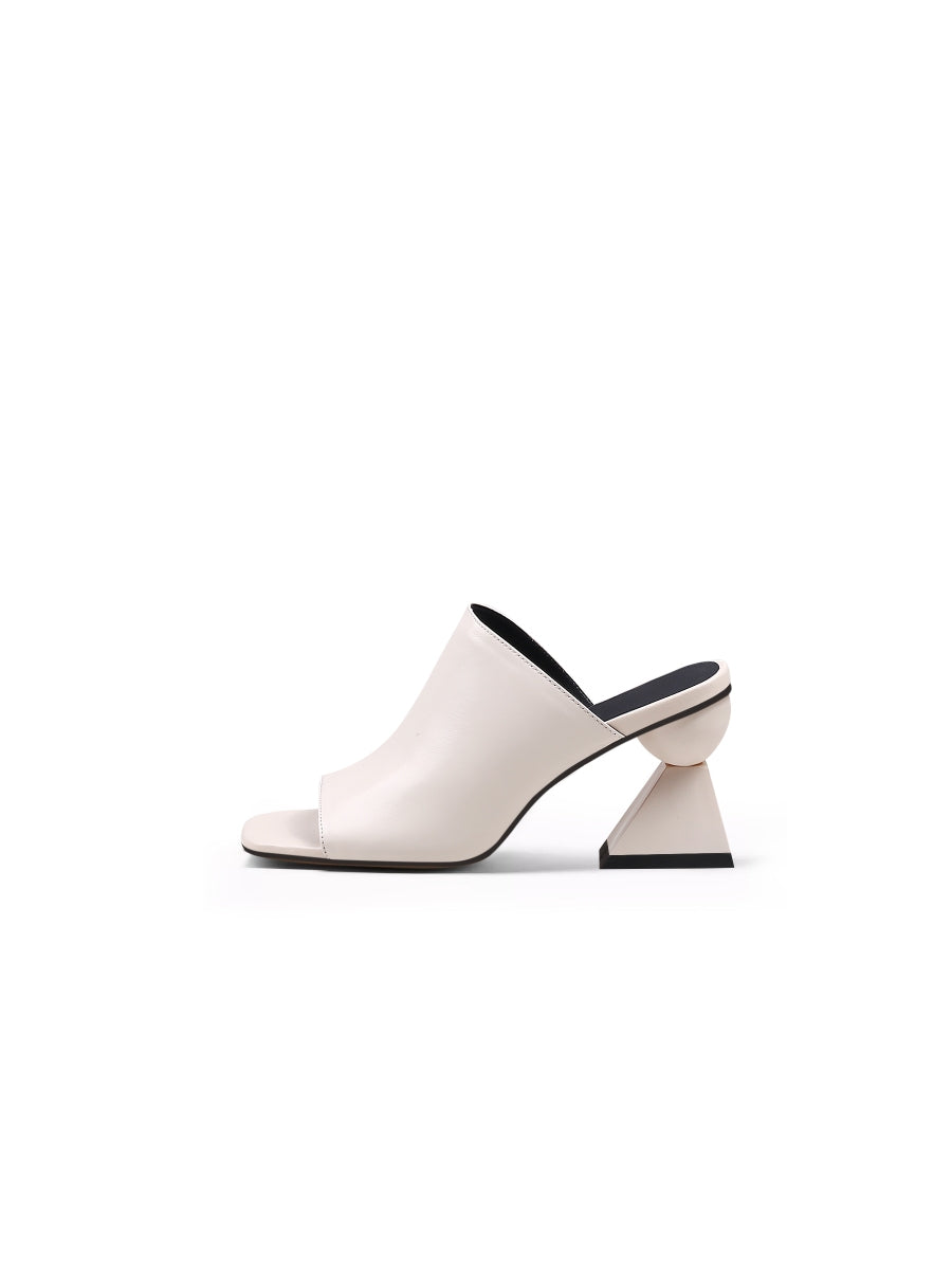 JadyRose | Cream Triangular-Crystal Mid Heel Leather Open Toe Mules Sandals