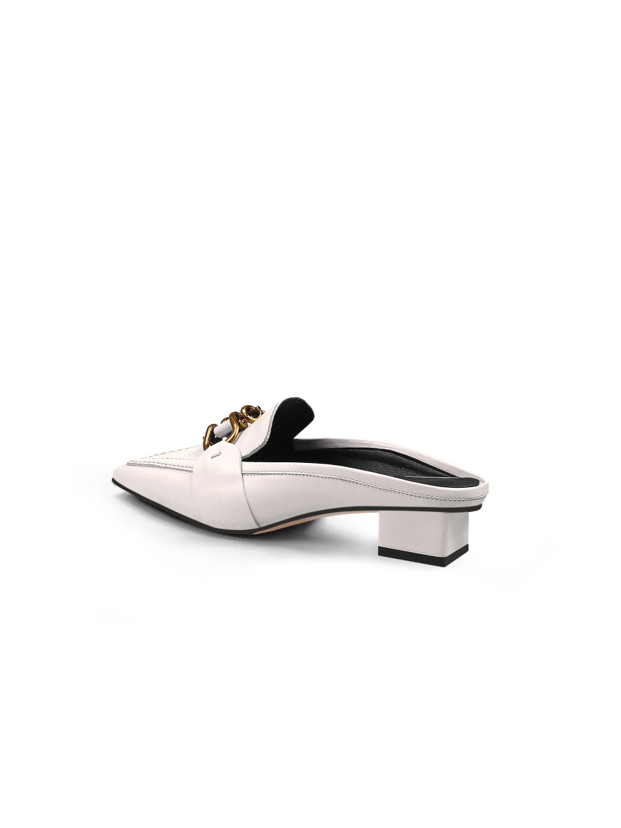 JadyRose | Genuine Leather Golden Lock Chain Mules Sandals - Cream