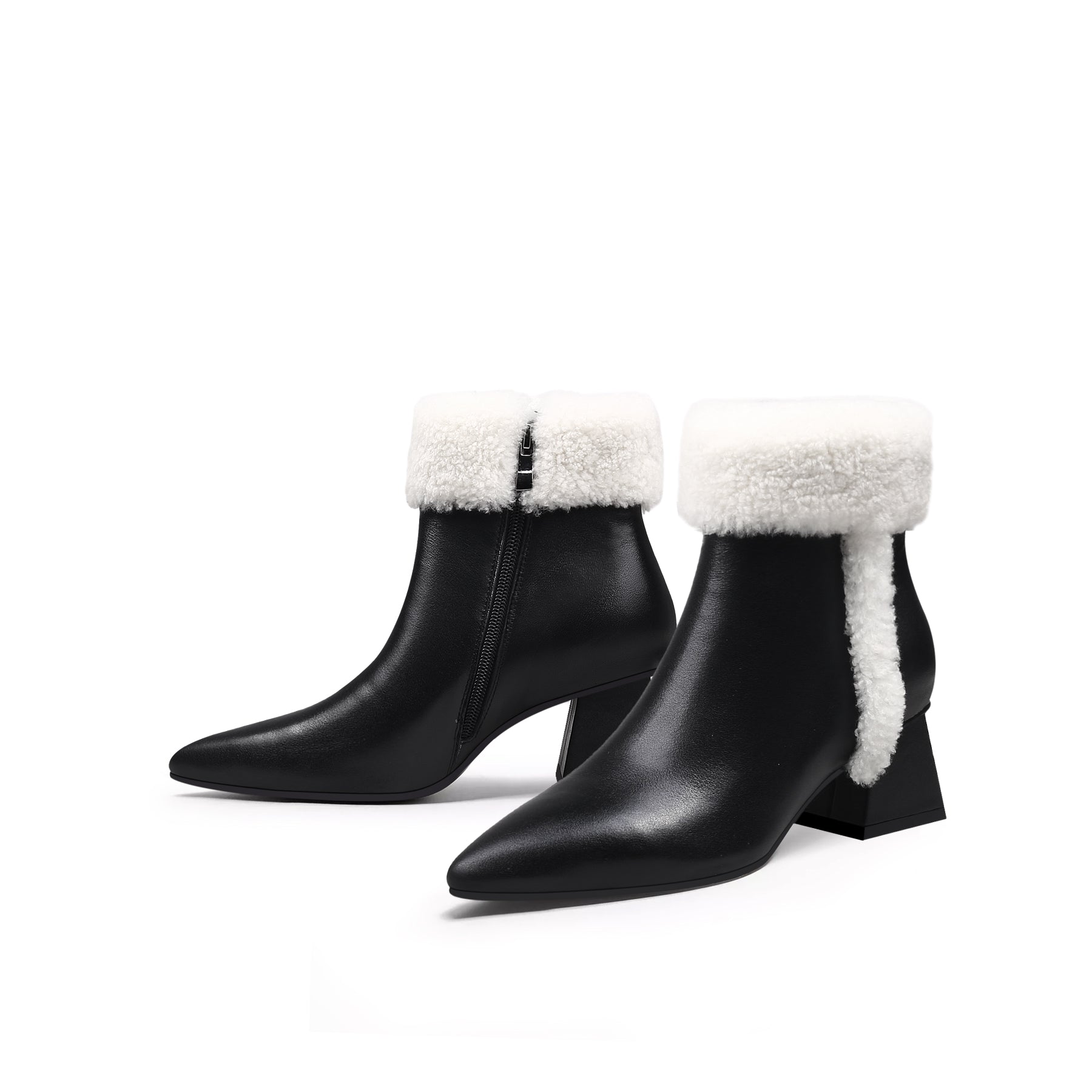 JADY ROSE | WOOL TRIM BLOCK HEEL LEATHER ANKLE BOOT - WHITE