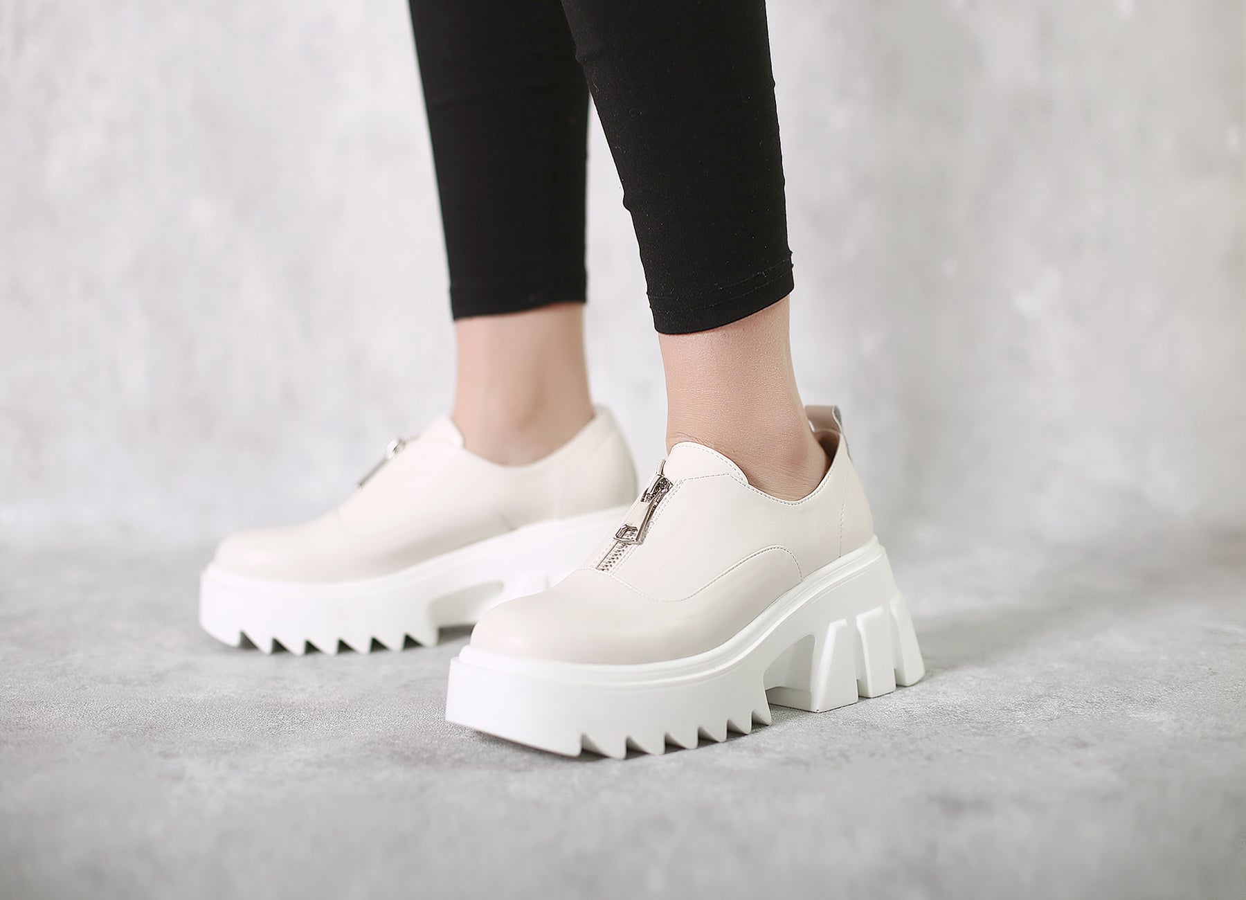 JadyRose | Chunky Heel Pure Zipper Genuine Leather Sneaker - Cream