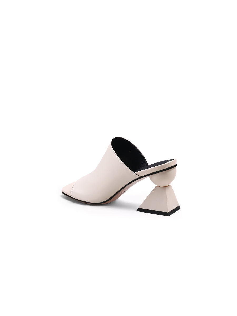 JadyRose | Cream Triangular-Crystal Mid Heel Leather Open Toe Mules Sandals