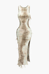 Cynthia Beige and Brown Tie Dye Distressed Cut Out Slit Maxi Dress