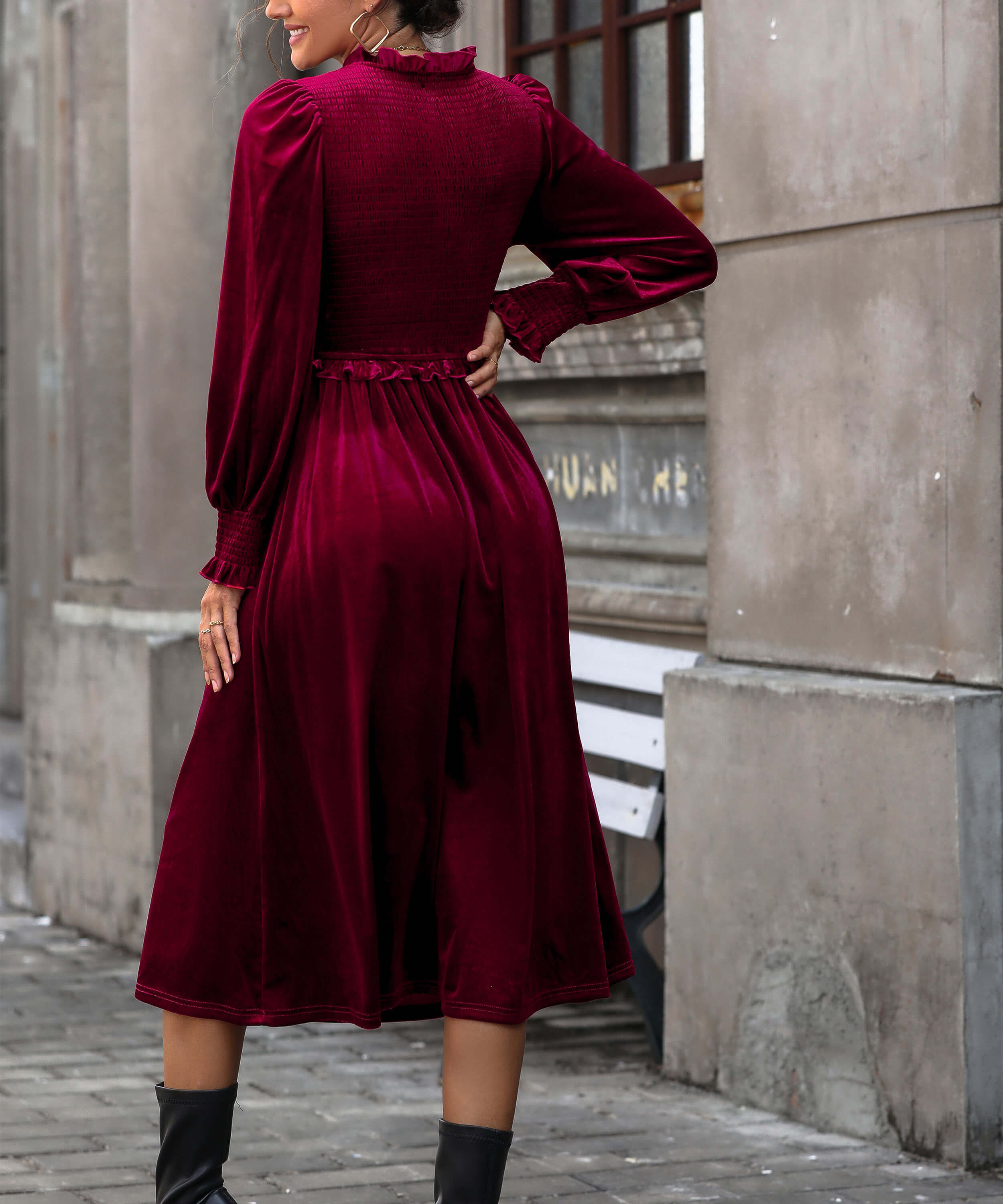 Theia V-Neck Velvet Midi Dress