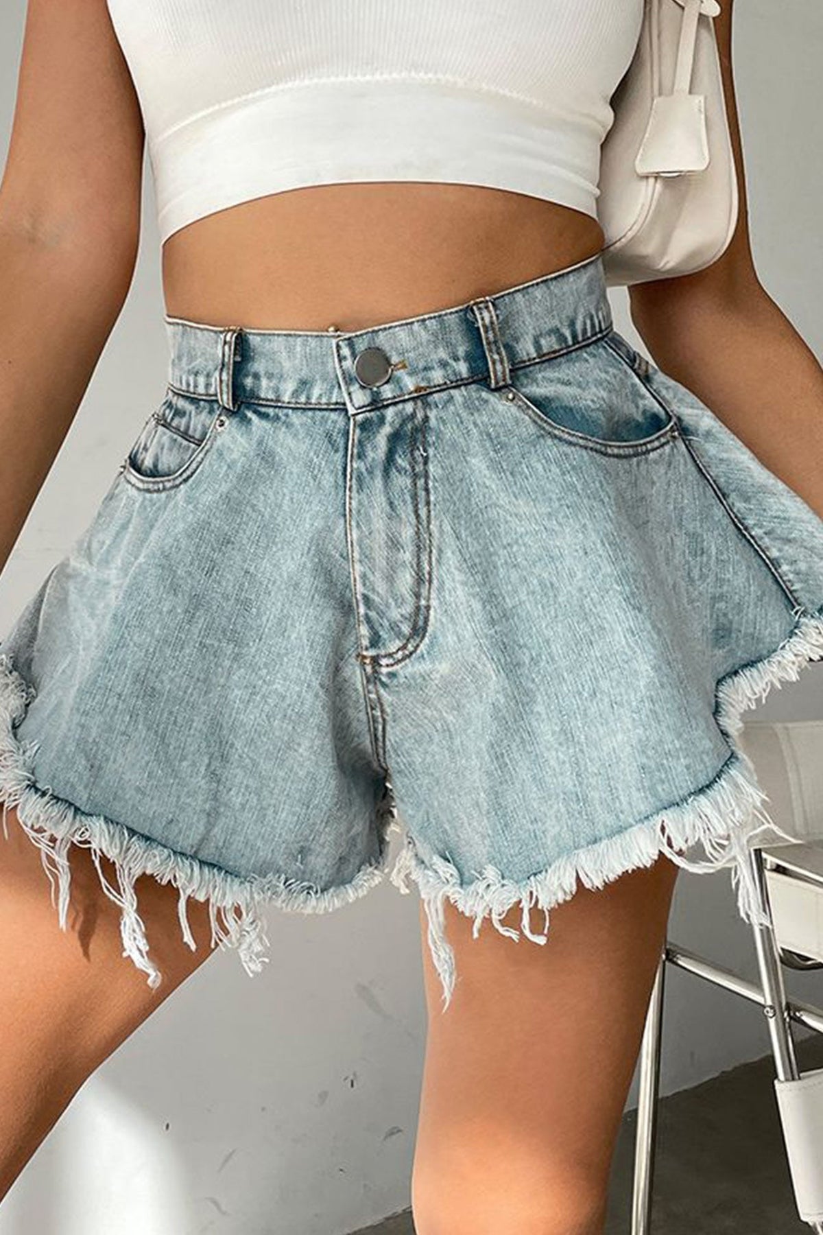 Distressed Fringe A-line Denim Shorts