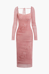 Dlore Pink Newspaper Pattern Lace Tie Backless Midi Party Dress