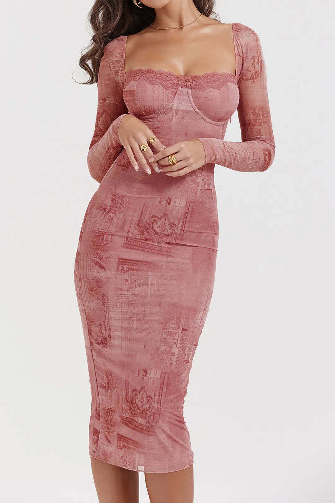 Dlore Pink Newspaper Pattern Lace Tie Backless Midi Party Dress