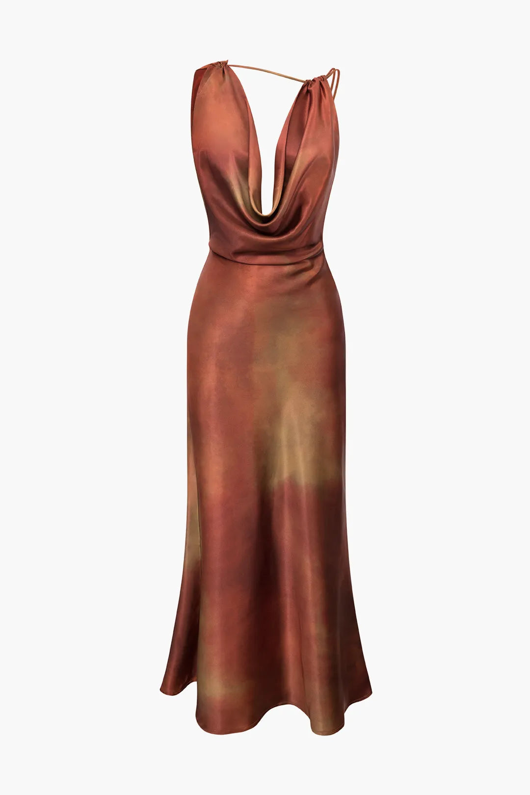 Donna Brown Asymmetric Cowl Neck Satin Maxi Dress