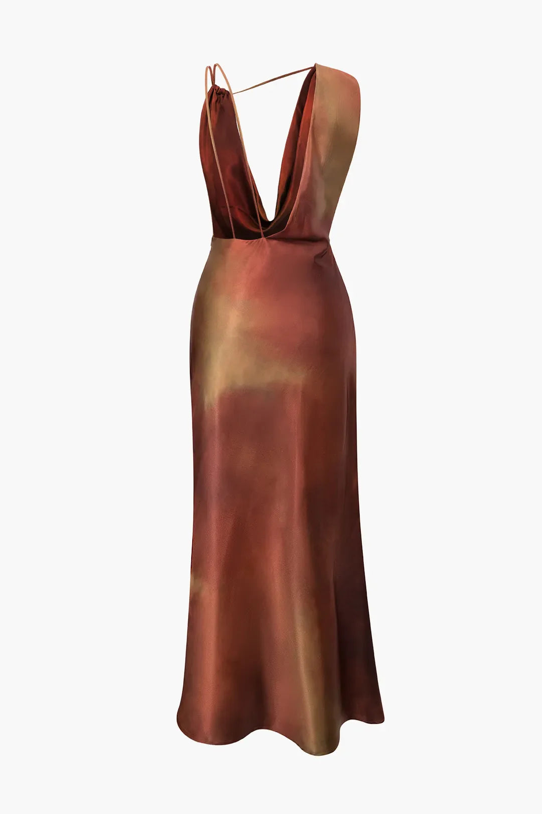 Donna Brown Asymmetric Cowl Neck Satin Maxi Dress