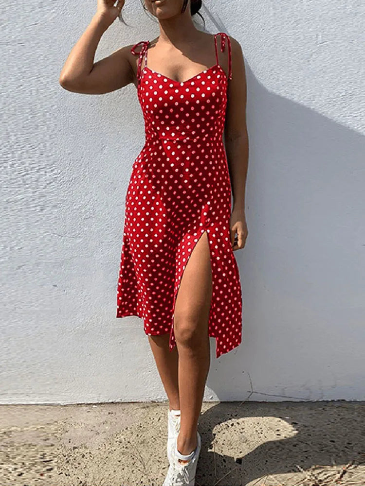 Dresses 2024 Sundress Summer Women Causal Polka Dot Sleeveless High Pleated elastic waist V-Neck Beach Dress Vestidos De Verano