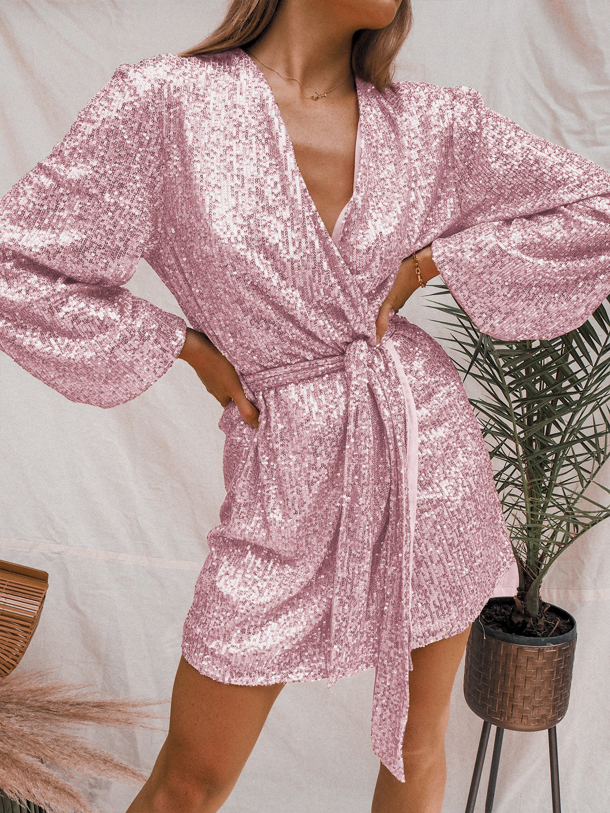 Dasha Sequin Long Sleeve Mini Dress - Pink