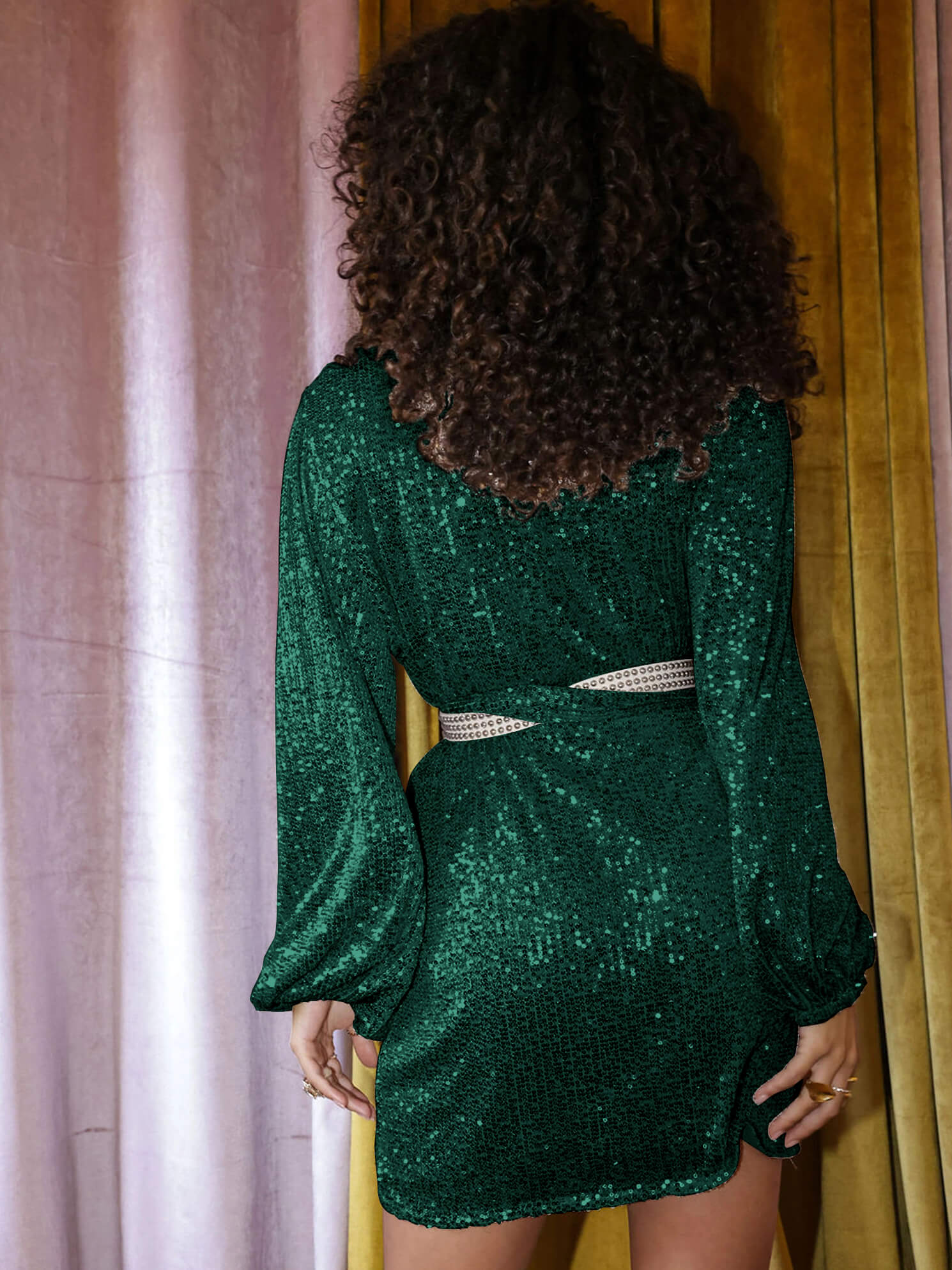 Dasha Sequin Long Sleeve Mini Dress - Emerald