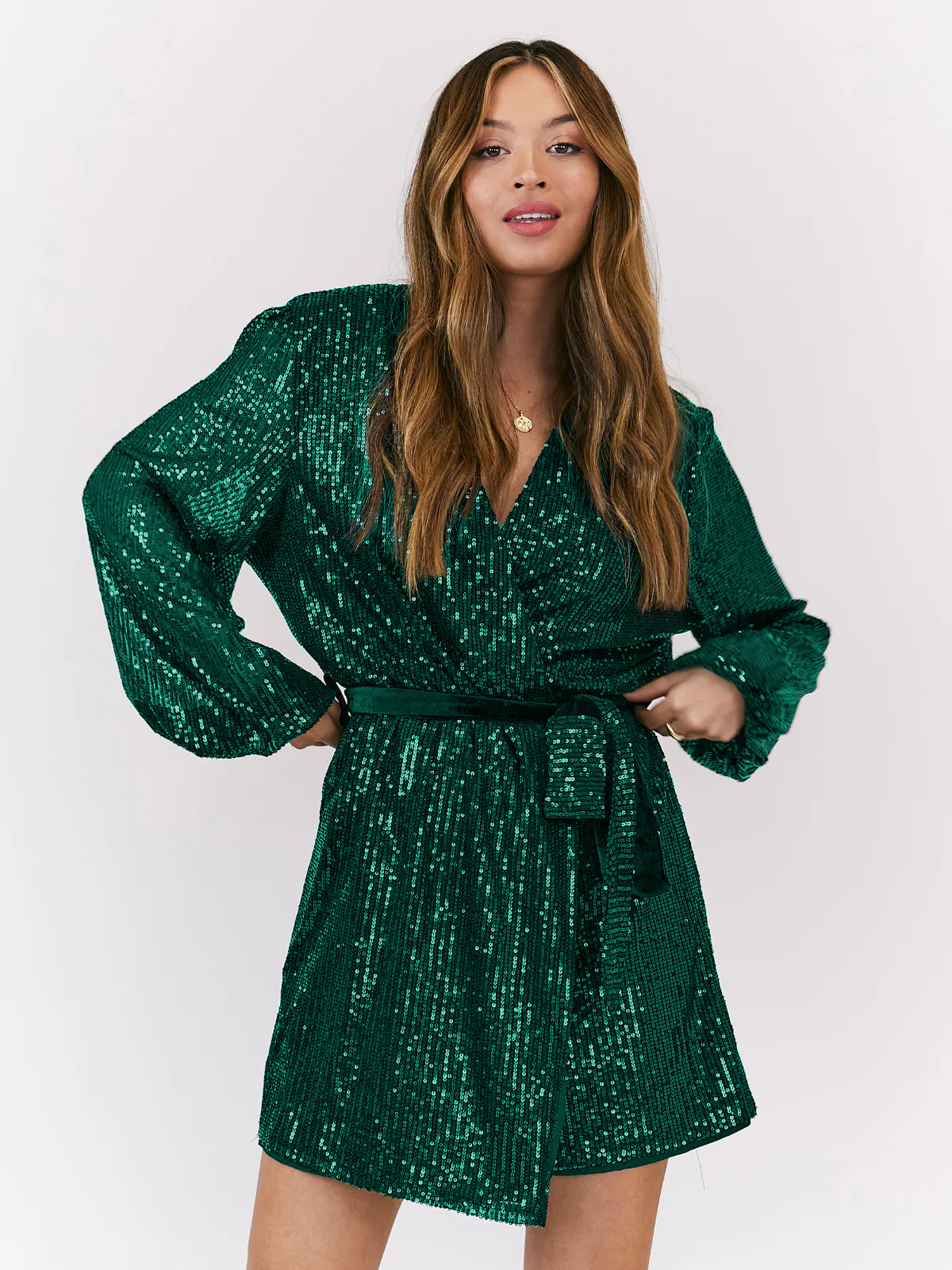 Dasha Sequin Long Sleeve Mini Dress - Emerald