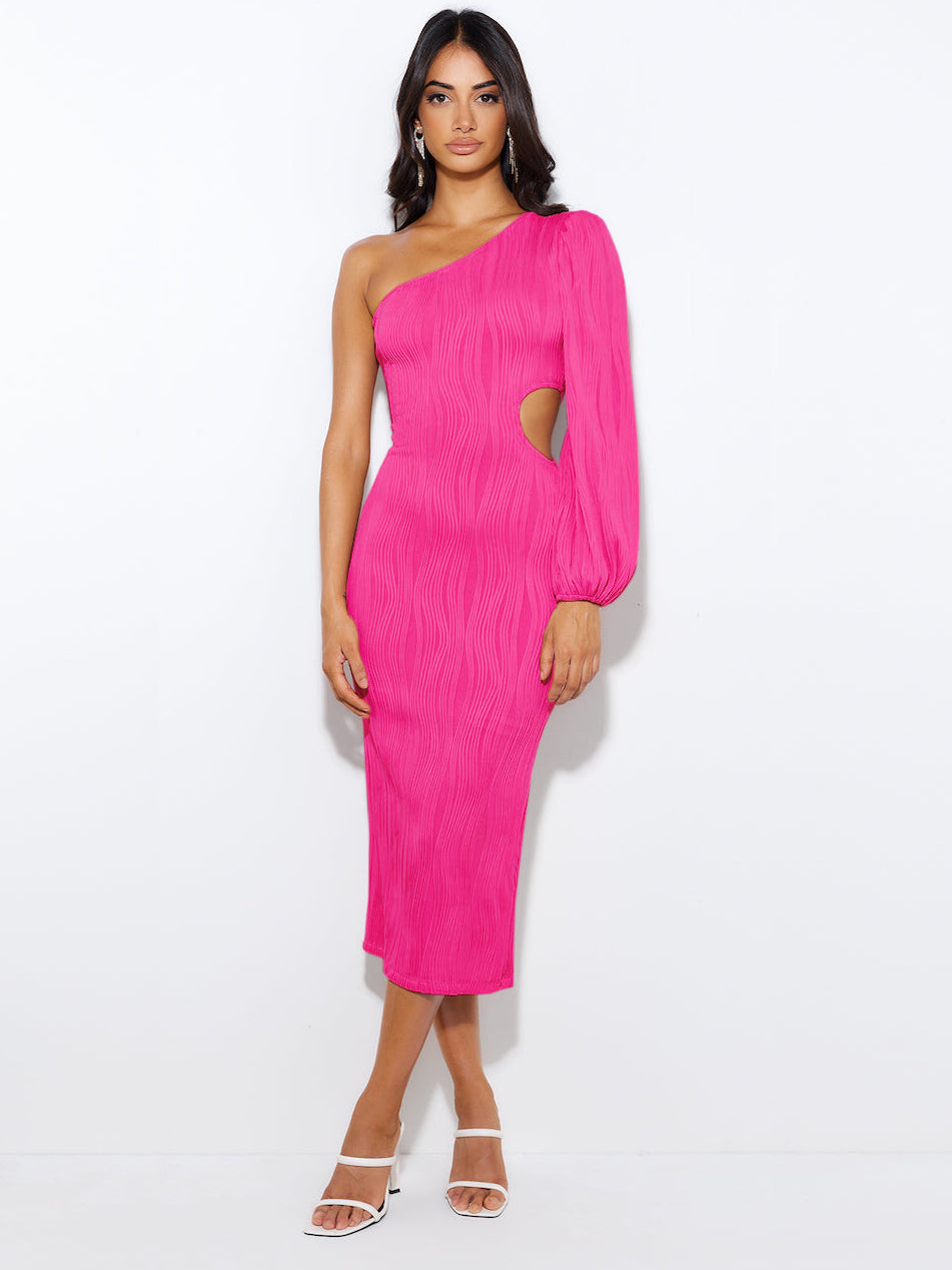 Tonika Cut-Out One Shoulder Plisse Midi Dress