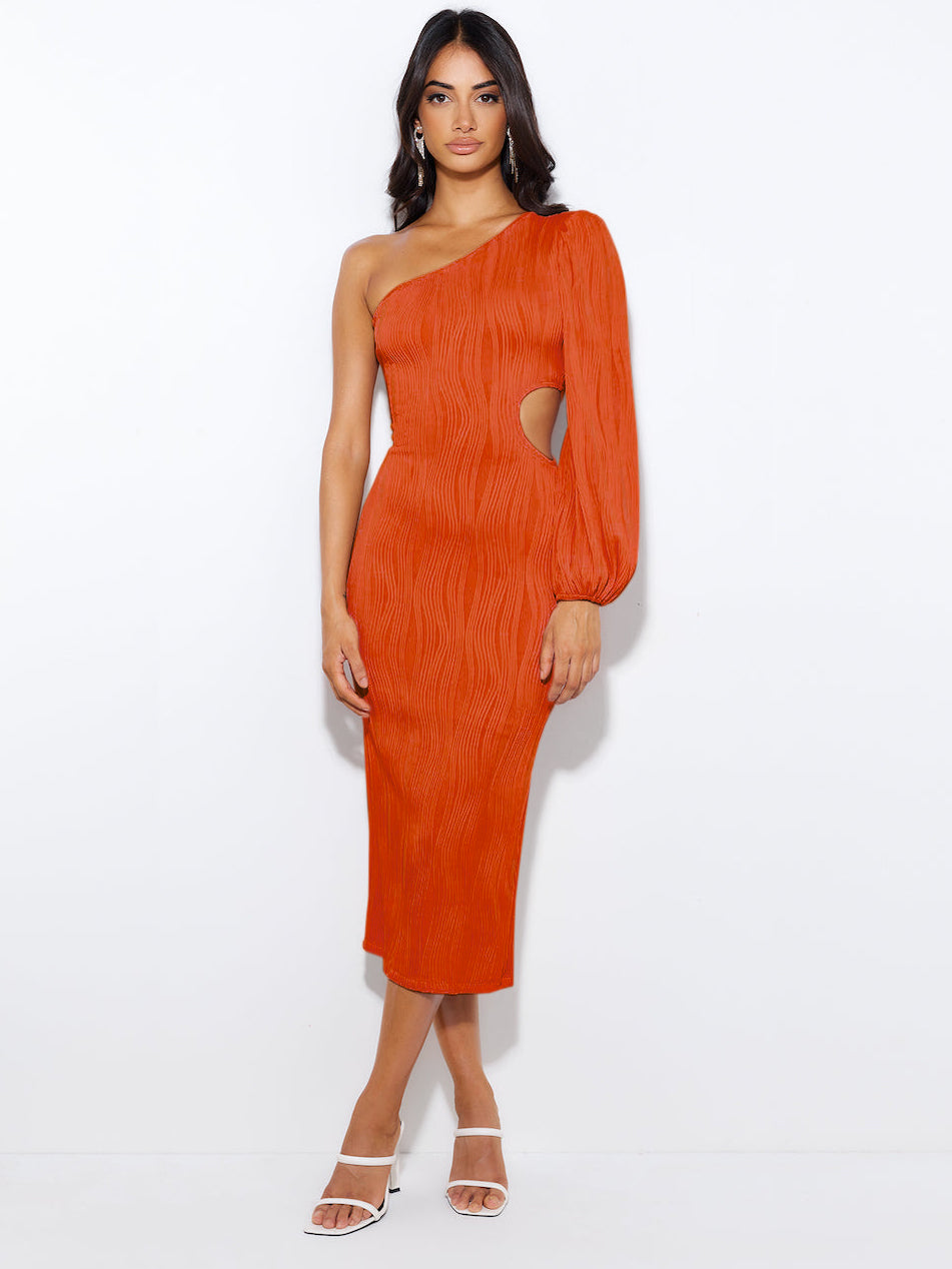 Tonika Cut-Out One Shoulder Plisse Midi Dress