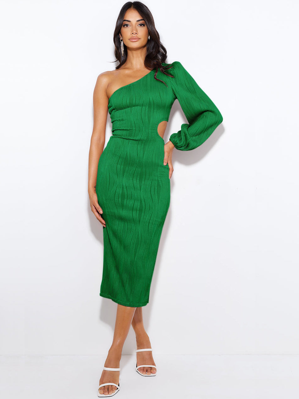 Tonika Cut-Out One Shoulder Plisse Midi Dress