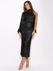 Layton Sequin One-Shoulder Midi Dress - Black