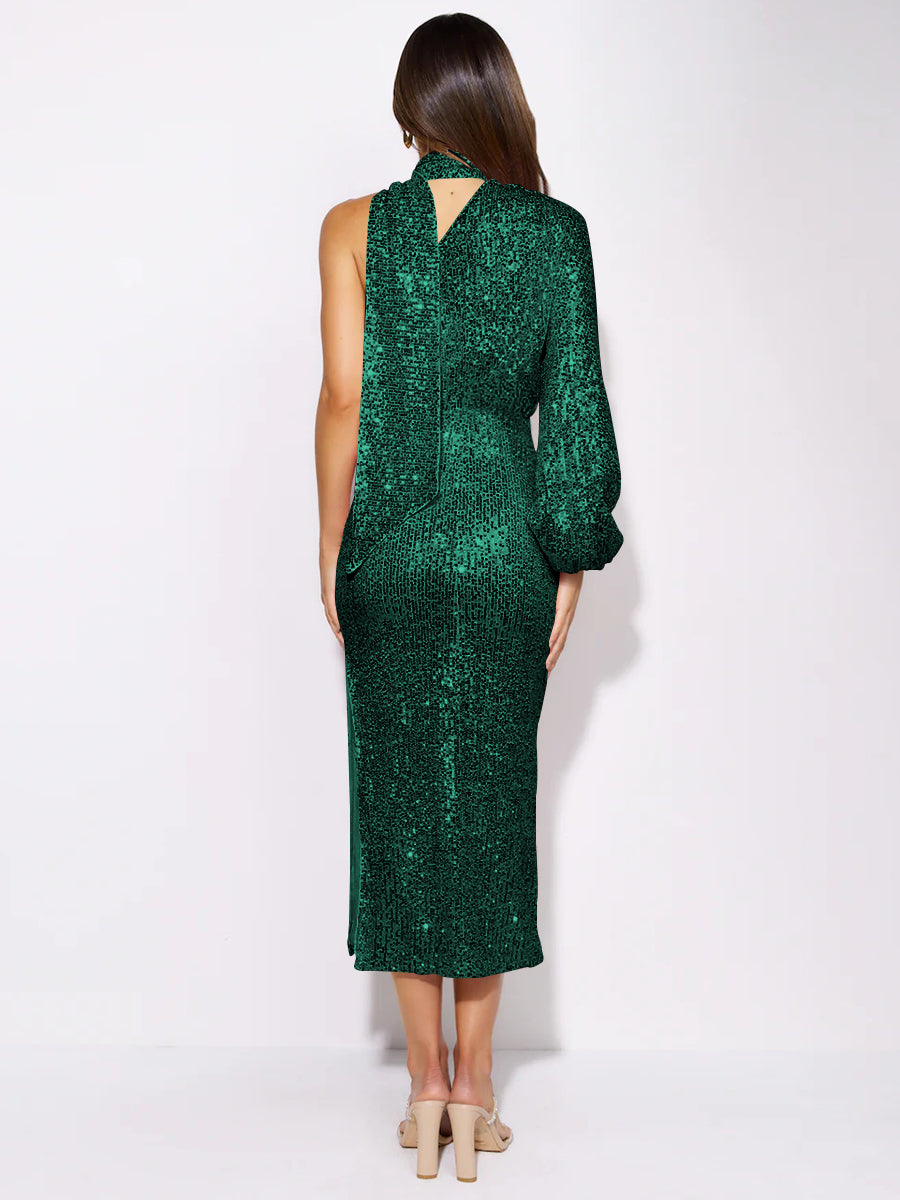 Layton Sequin One-Shoulder Midi Dress - Emerald