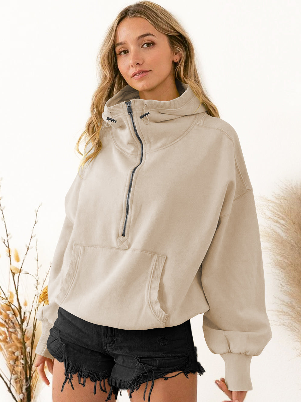 Fern Pocketed Hoodie Lightweight Jacket - Beige