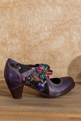 SOFFIA | Eggplant Flower Appliqued Leather Mary Jane