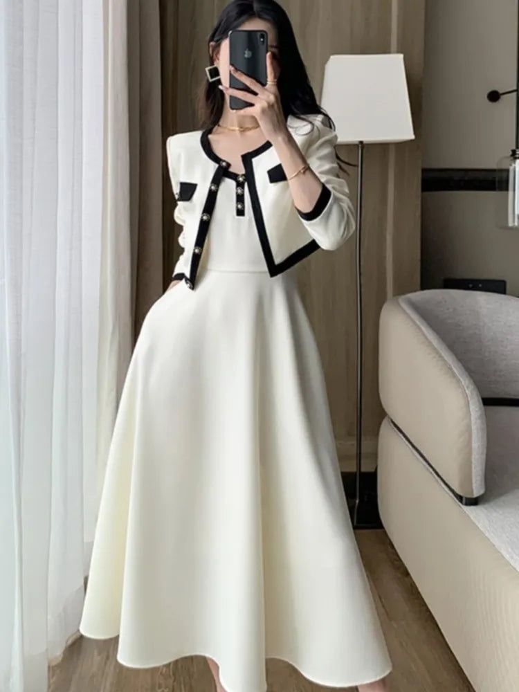 Elegant 2-Piece Dress Set for Lady Cropped Coat A-Line Midi Camisole Dresses Slim Korean Fashion Female Suit Spring Autumn New