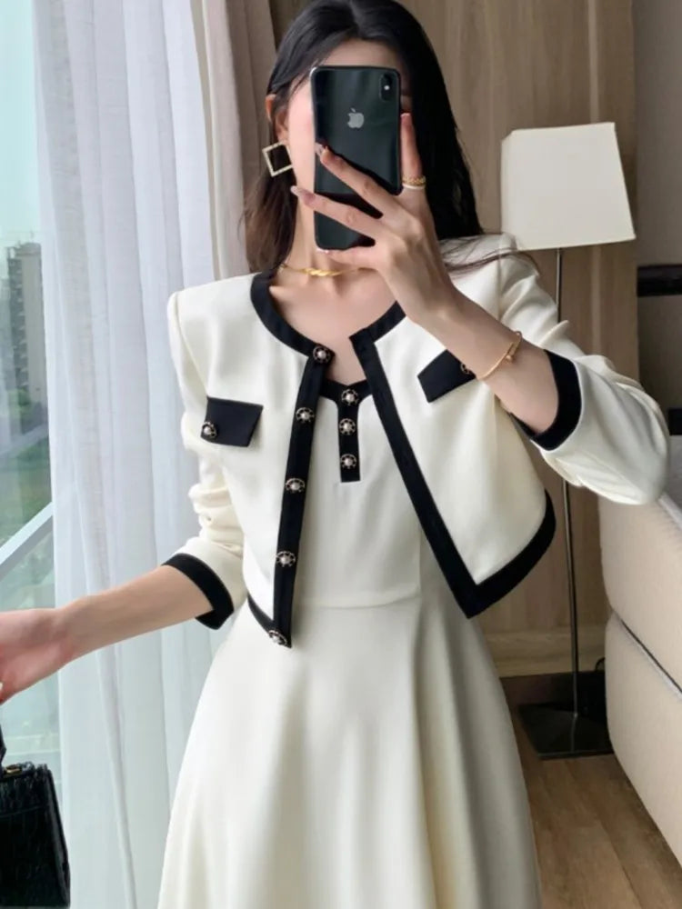 Elegant 2-Piece Dress Set for Lady Cropped Coat A-Line Midi Camisole Dresses Slim Korean Fashion Female Suit Spring Autumn New