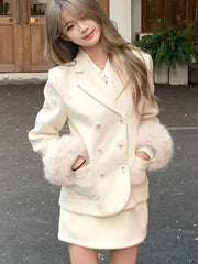 Elegant 2 piece Set Women Blazer Fuax Fur Patchwork Long Sleeve Jacket Mini Skirt Solid Suit Autumn Winter Korean Casual Outfits