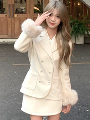 Elegant 2 piece Set Women Blazer Fuax Fur Patchwork Long Sleeve Jacket Mini Skirt Solid Suit Autumn Winter Korean Casual Outfits