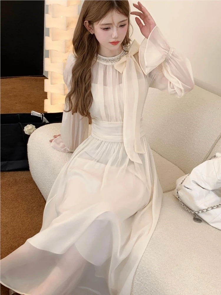 Elegant Chiffon Dress Women Solid Flare Sleeve Bow O-neck Autumn Spring Korean Style Y2K Evening Party Wedding Robe Vestidos New