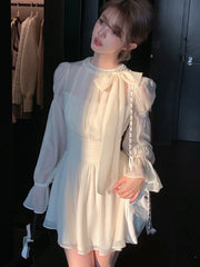 Elegant Chiffon Dress Women Solid Flare Sleeve Bow O-neck Autumn Spring Korean Style Y2K Evening Party Wedding Robe Vestidos New