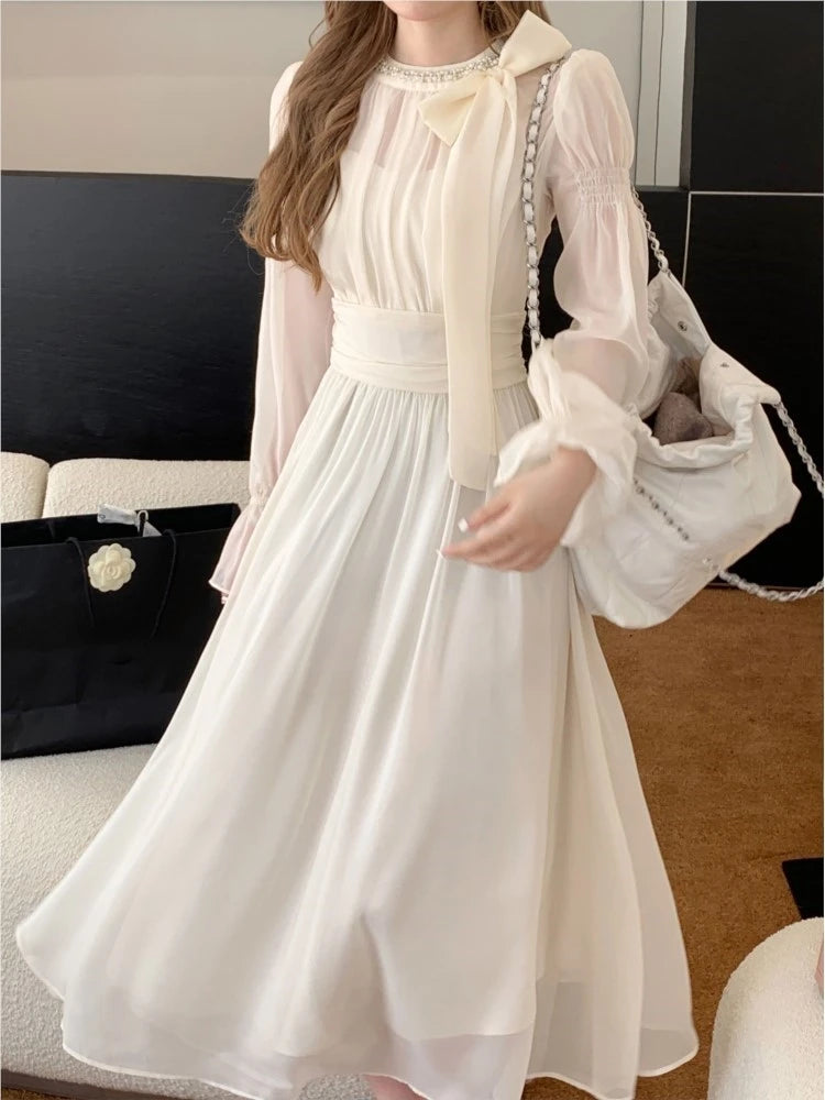 Elegant Chiffon Dress Women Solid Flare Sleeve Bow O-neck Autumn Spring Korean Style Y2K Evening Party Wedding Robe Vestidos New