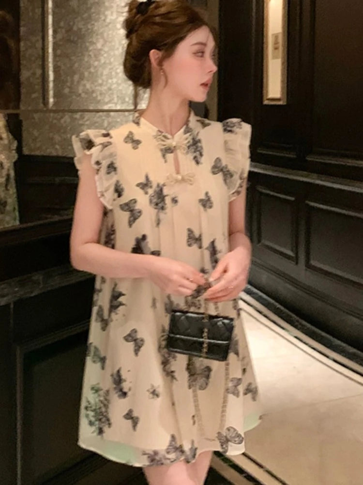 Elegant Dresses for Women Summer New Chinese Style Butterfly Print Casual Party Dress Female Vintage Vestido Prom Robe 2024