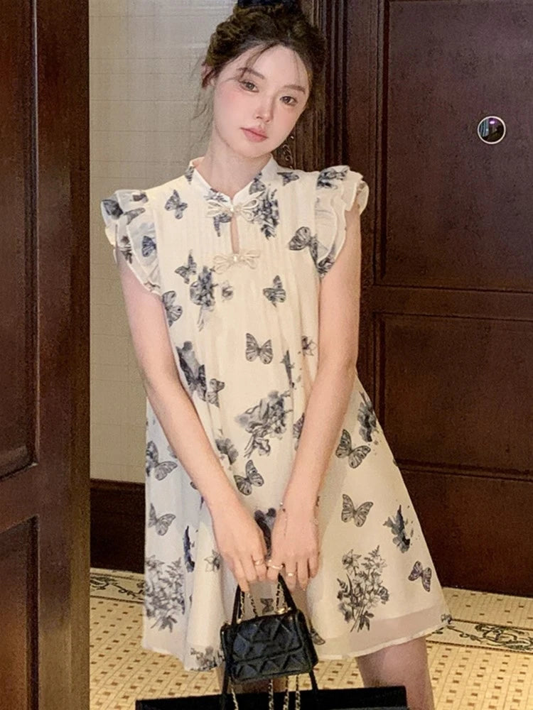 Elegant Dresses for Women Summer New Chinese Style Butterfly Print Casual Party Dress Female Vintage Vestido Prom Robe 2024