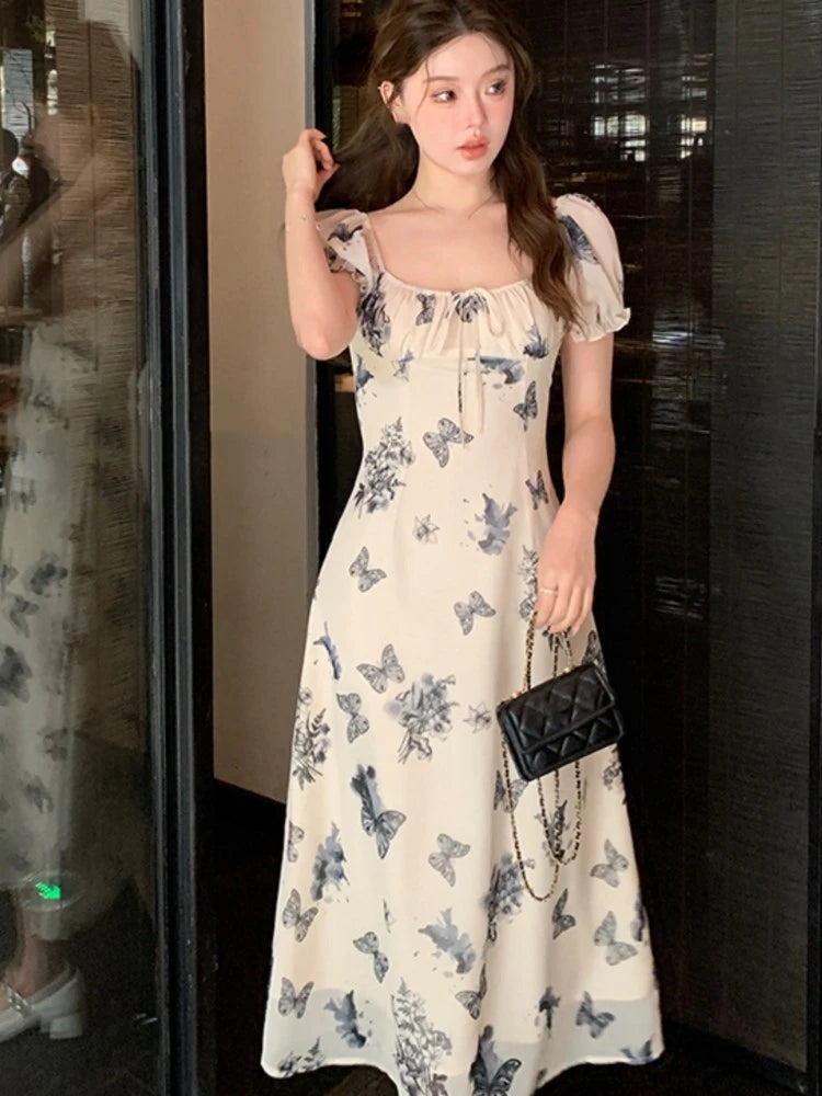 Elegant Dresses for Women Summer New Chinese Style Butterfly Print Casual Party Dress Female Vintage Vestido Prom Robe 2024