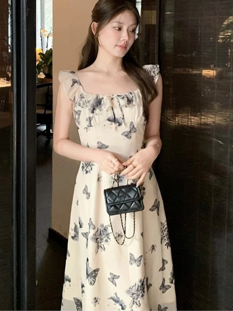 Elegant Dresses for Women Summer New Chinese Style Butterfly Print Casual Party Dress Female Vintage Vestido Prom Robe 2024