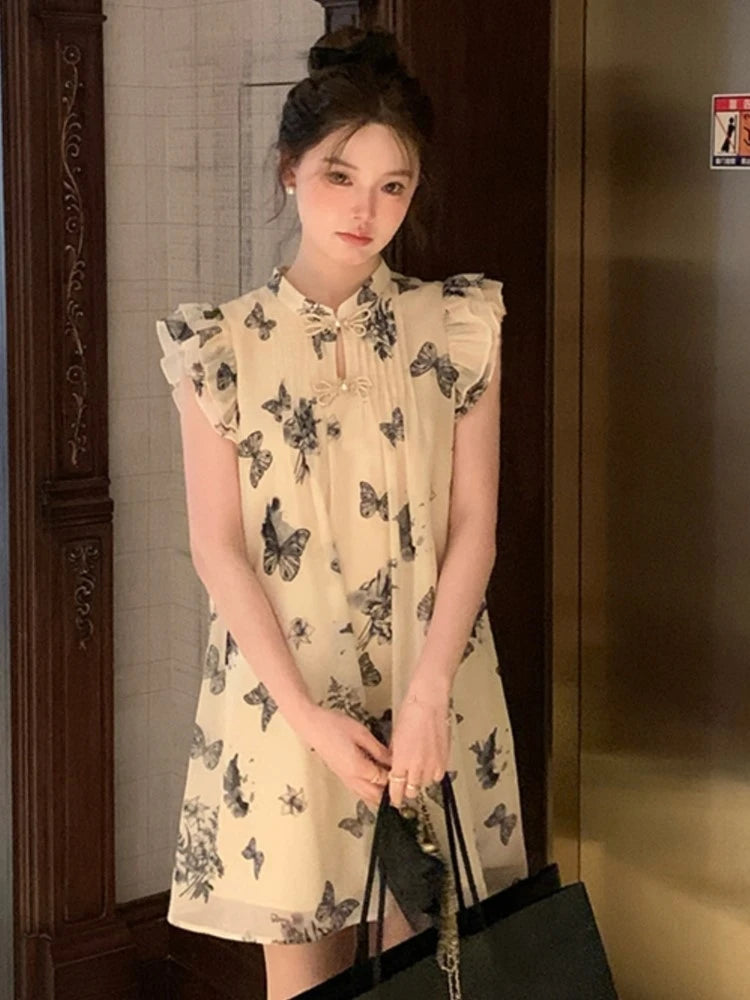 Elegant Dresses for Women Summer New Chinese Style Butterfly Print Casual Party Dress Female Vintage Vestido Prom Robe 2024