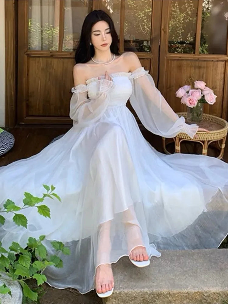 Elegant Holiday Beach Dresses Summer Women Solid White Puff Sleeve Slash Neck Off Shoulder Korean Fashion Chiffon Dresses