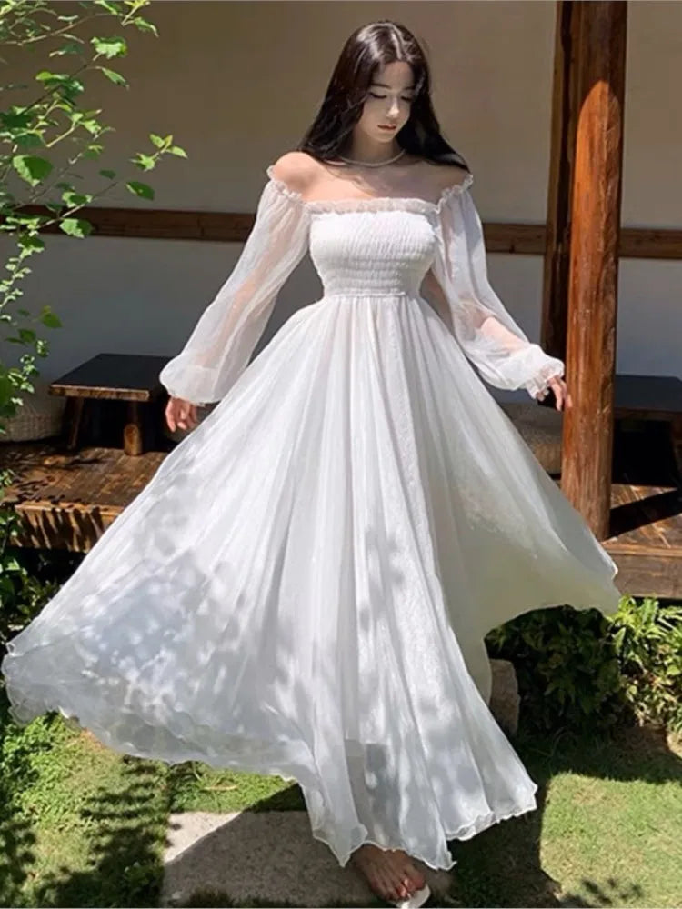 Elegant Holiday Beach Dresses Summer Women Solid White Puff Sleeve Slash Neck Off Shoulder Korean Fashion Chiffon Dresses