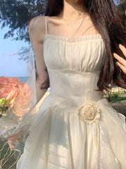 Elegant Irregular Ruffles Midi Dress Women New Summer Solid Spaghetti Strap Beach Vocation Korean Chic Female Casual Vestidos