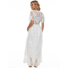 Elegant Lace Dresses Woman White Short Sleeved V Neck Vestidos Fashion Summer Mom Party Floor Length Dress for Ladies