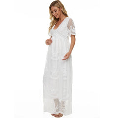 Elegant Lace Dresses Woman White Short Sleeved V Neck Vestidos Fashion Summer Mom Party Floor Length Dress for Ladies