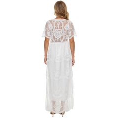 Elegant Lace Dresses Woman White Short Sleeved V Neck Vestidos Fashion Summer Mom Party Floor Length Dress for Ladies